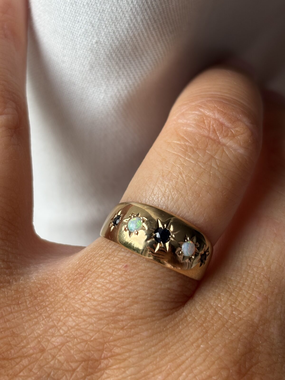 9ct Yellow Gold Sapphire and Opal Gypsy Ring